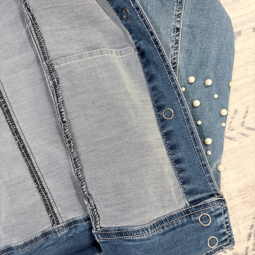 Glam Vintage Pearl Chic Denim Jean Stretchy Jacket Feminine Western Y2K Large - Picture 10 of 15